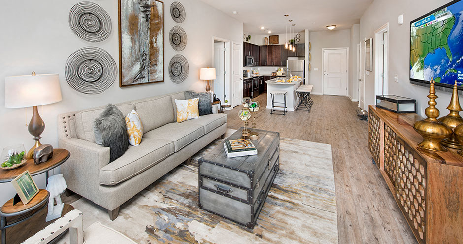 a living room with a couch and a television