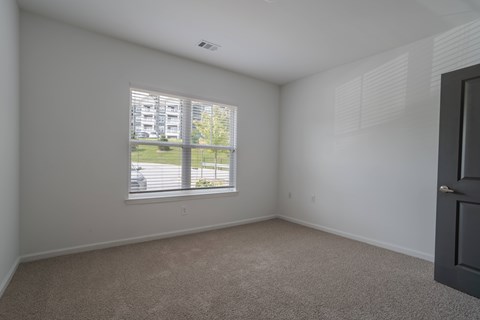A room with a carpeted floor, a window with blinds, and a closed door.