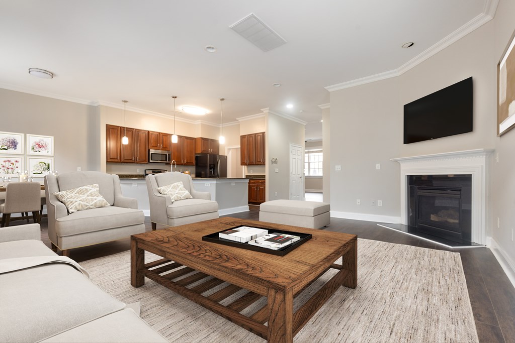 A modern living room with a fireplace and a flat screen TV mounted on the wall  at Sterling Manor, Williamsburg, VA, 23185