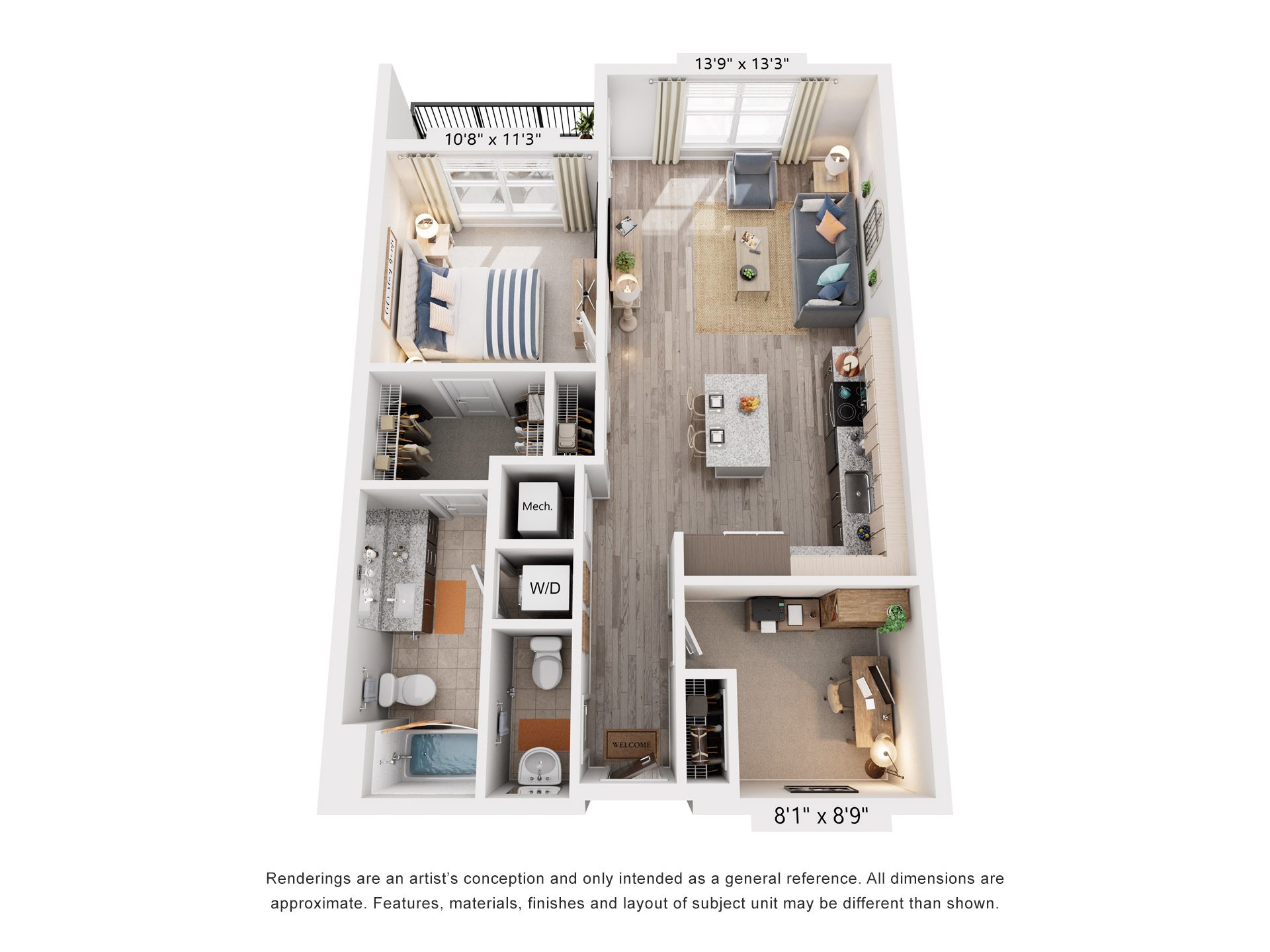 1 Bed 1.5 Bath Floor Plan | 887 Sq. Ft. at Rivergate in Woodbridge, Virginia, 22191