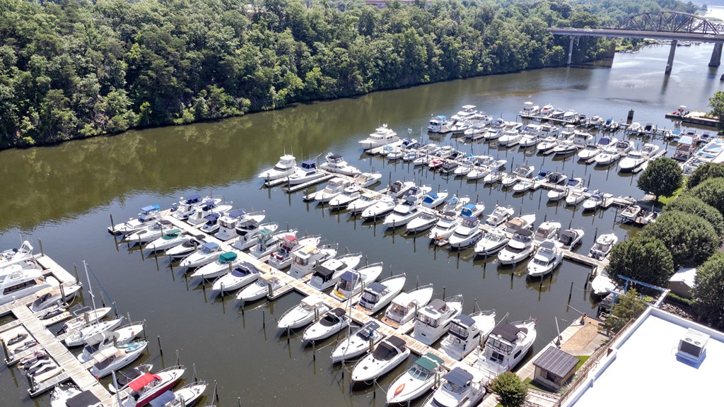 a marina filled with boats on a river at Rivergate, Virginia