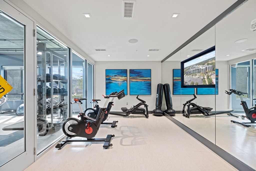 a home gym with a large screen tv and exercise bikes at Rivergate, Woodbridge, VA