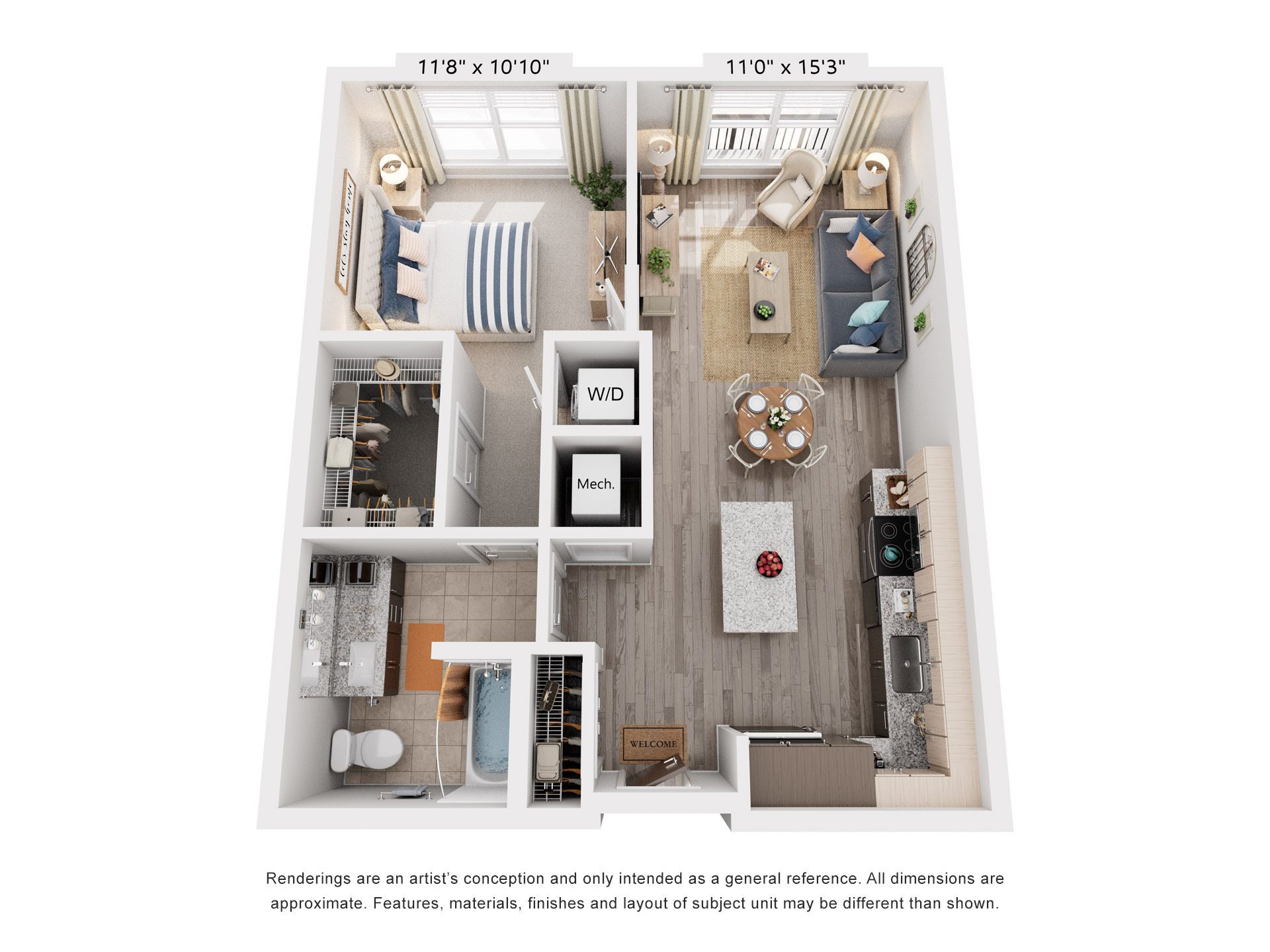 1 Bed 1 Bath Floor Plan | 722 Sq. Ft. at Rivergate in Woodbridge, Virginia, 22191