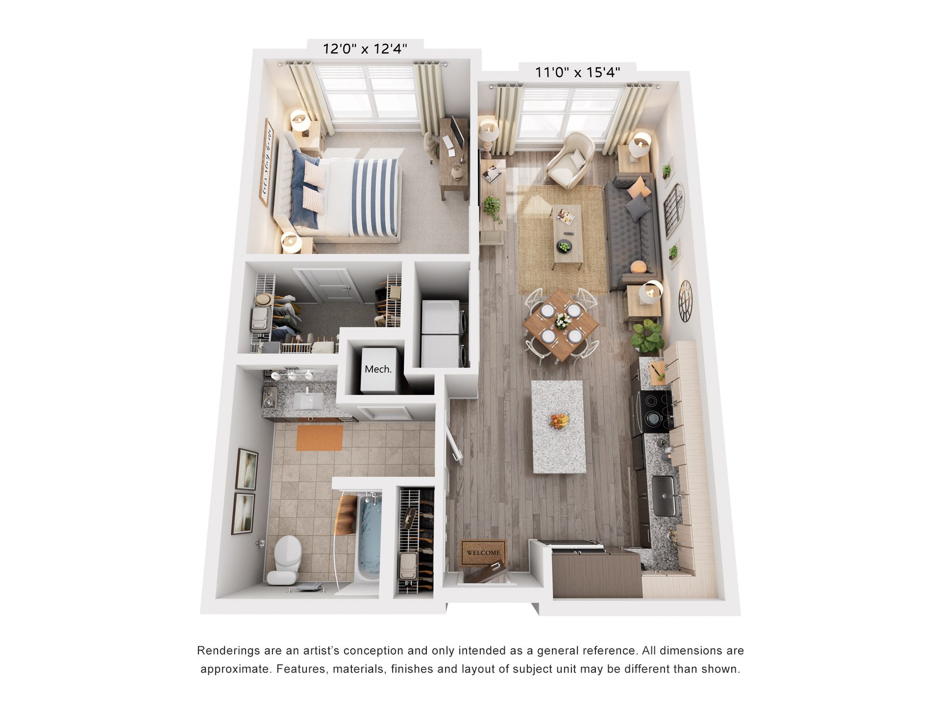 1 Bed 1 Bath Floor Plan | 742 Sq. Ft. at Rivergate in Woodbridge, VA