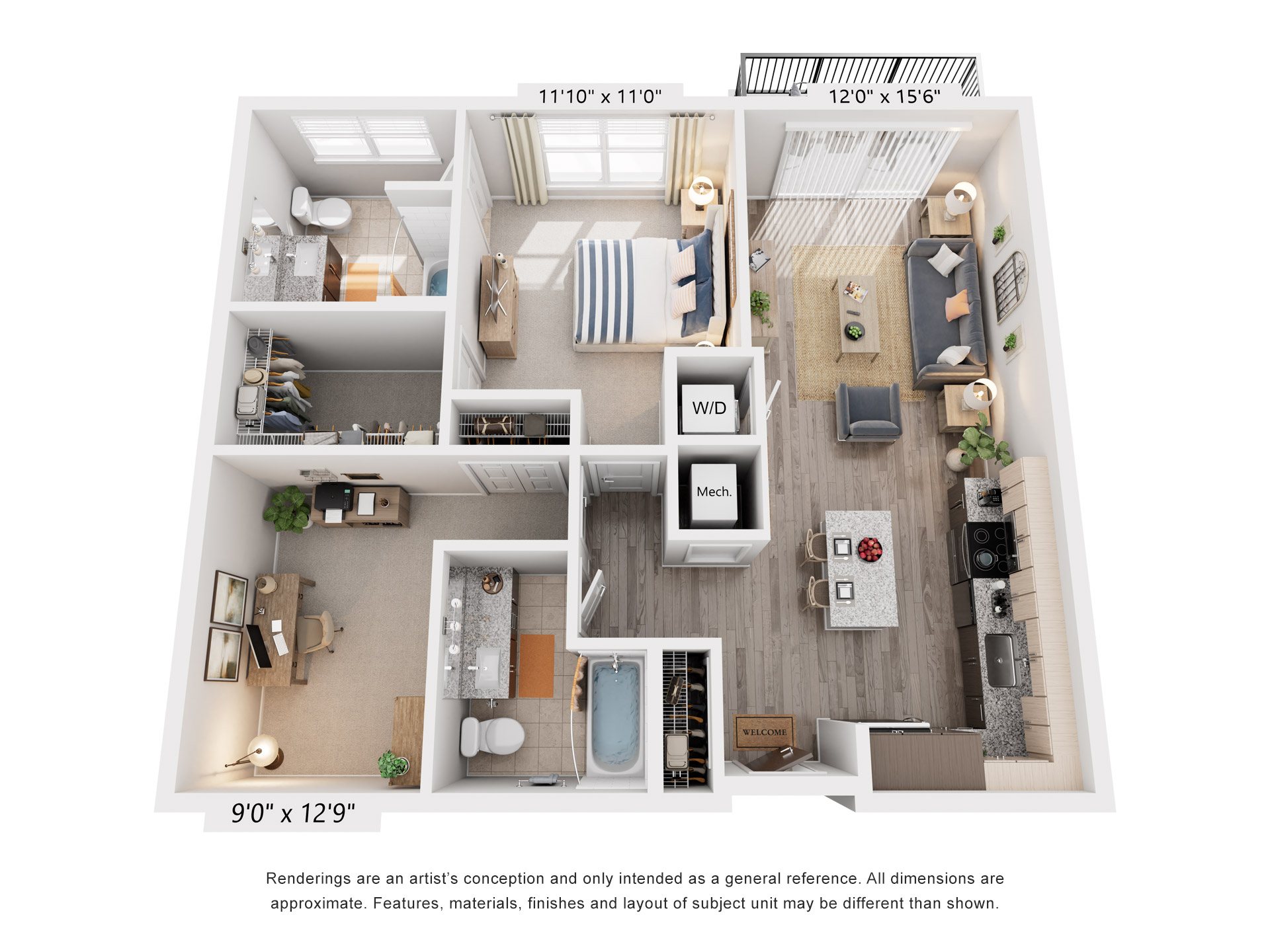 1 Bed 2 Bath Floor Plan | 991 Sq. Ft. at Rivergate in Woodbridge, Virginia
