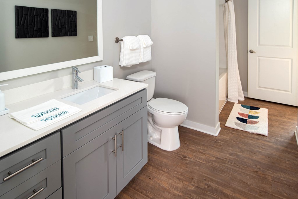 a bathroom with a toilet and a sink and a mirror at One Riverside Apartments, Chattanooga, TN, 37403