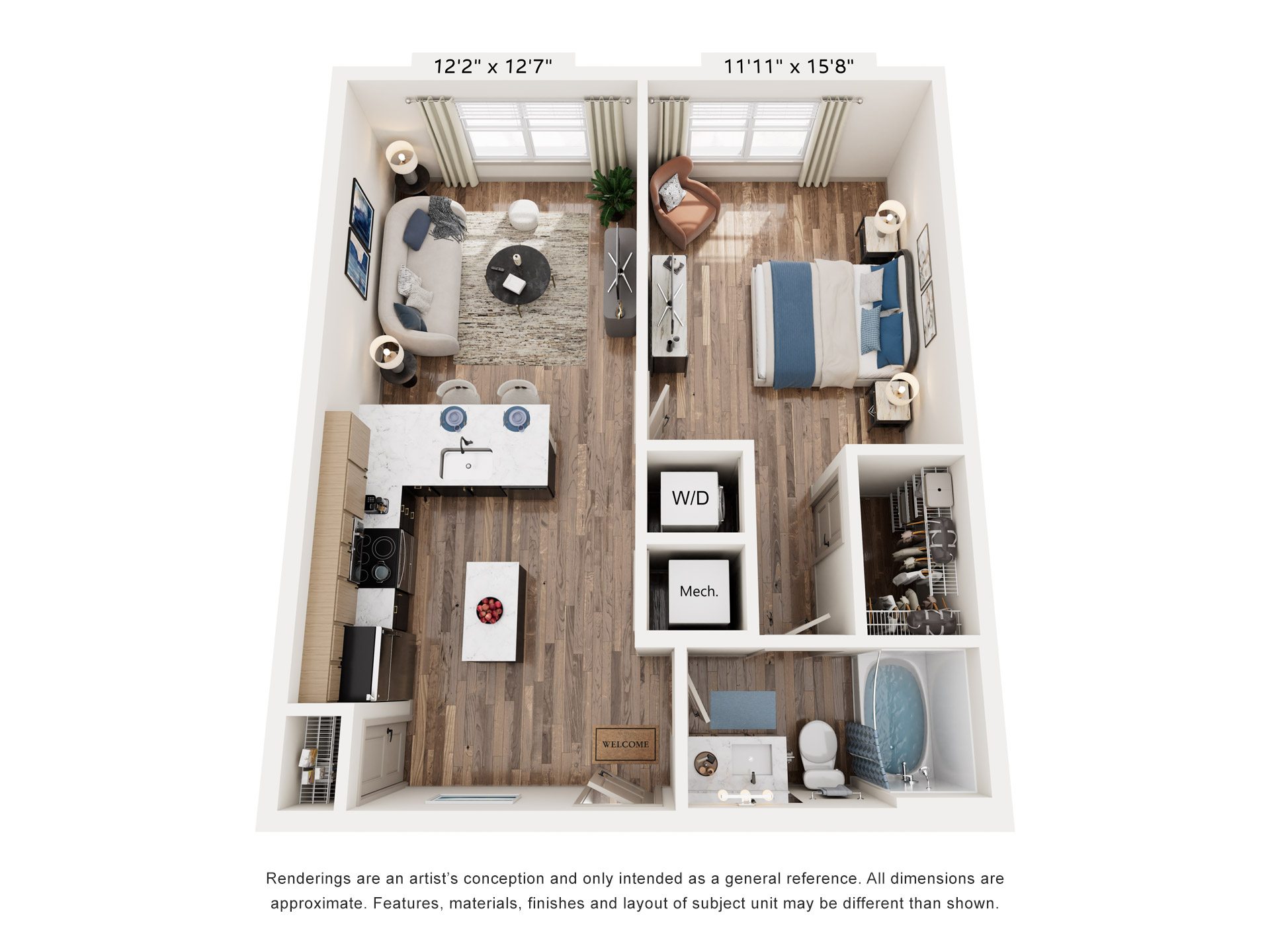 A floor plan of a small apartment with a kitchen, living room, and bathroom.