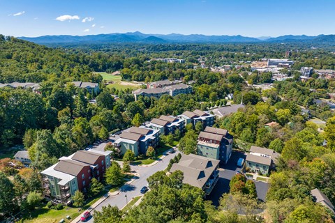 an aerial view of houses in a neighborhood with trees and mountains