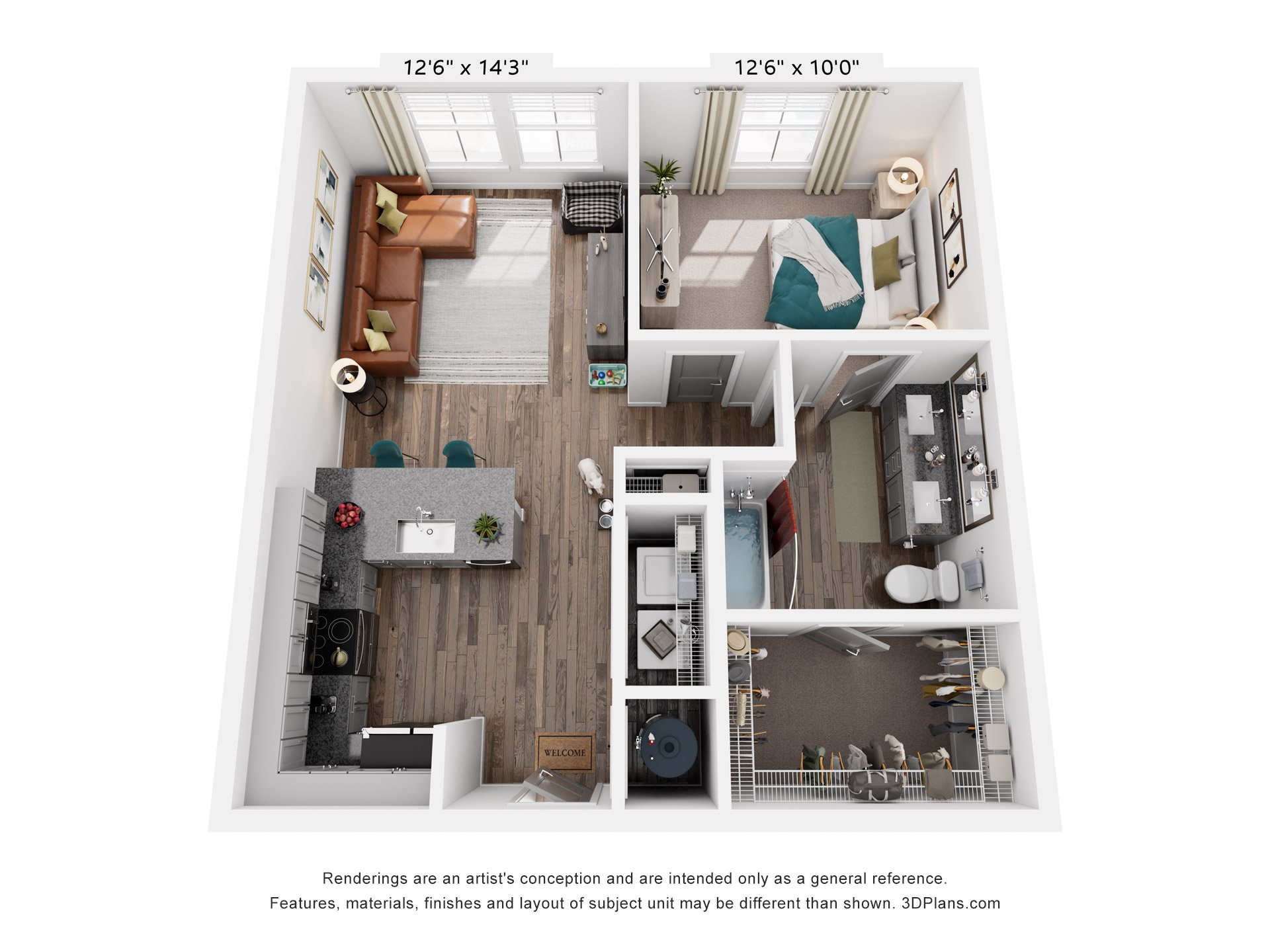 1 Bed 1 Bath Floor Plan | 754 Sq. Ft. at Livingston Flats Apartments, Chesterfield, Virginia, 23832