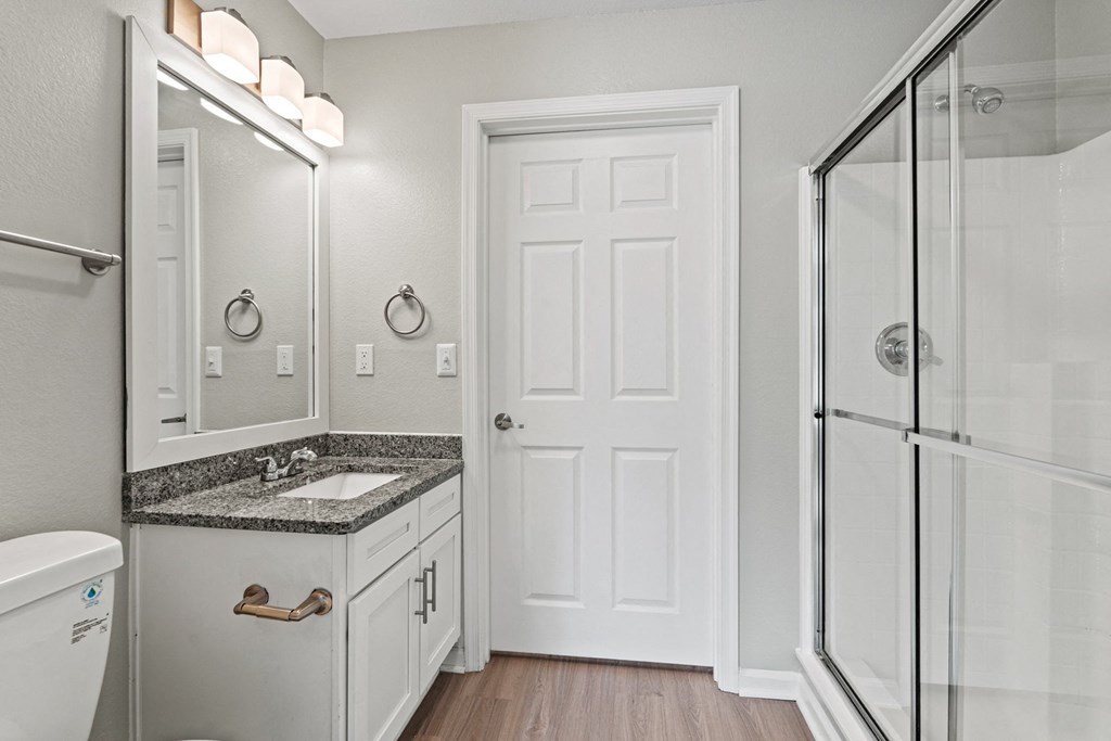 a bathroom with a sink and a shower at SomerHill Farms Apartments, Virginia , 20155