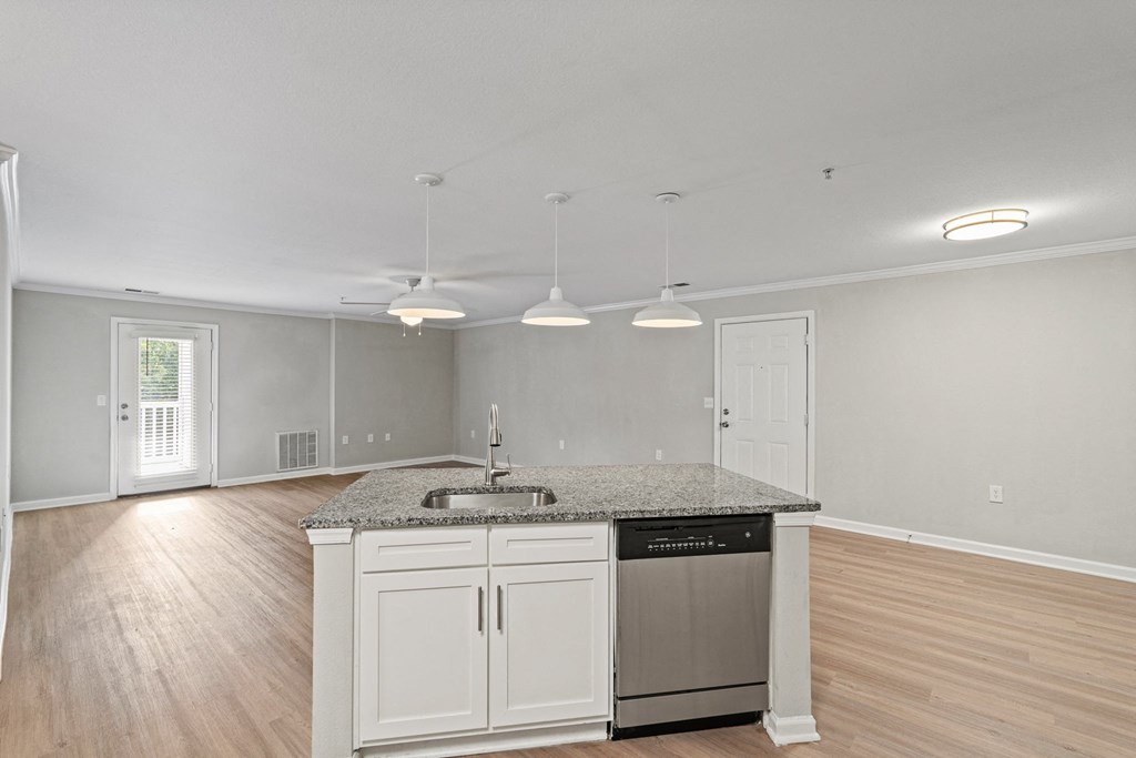 an empty kitchen with white cabinets and a sink and a counter top at SomerHill Farms Apartments, Virginia