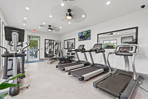 the gym with treadmills and ellipticals at the preserve at great neck apartments at SomerHill Farms Apartments, Gainesville