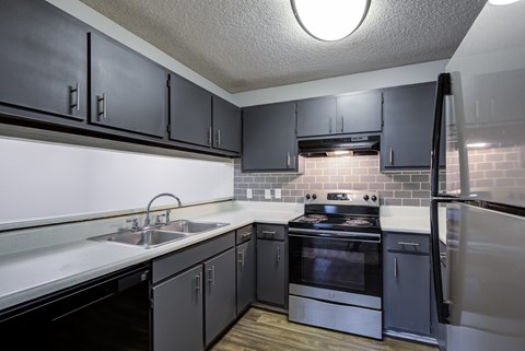 A kitchen with black cabinets and stainless steel appliances.