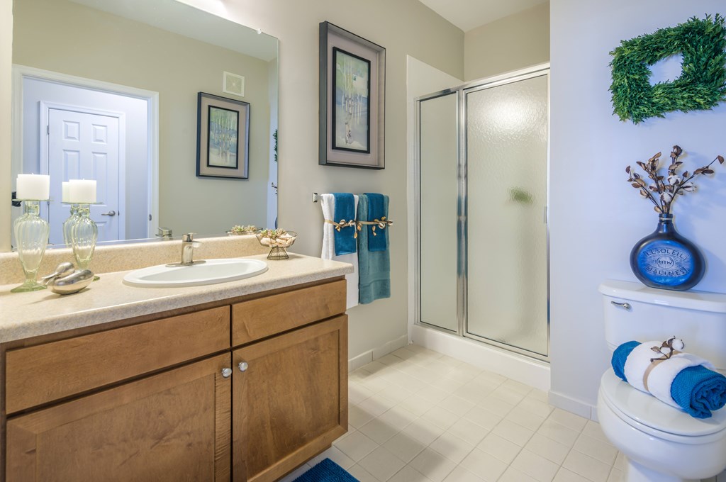 A bathroom with a white toilet, a sink, a mirror, a wreath, and a glass door shower  at Sterling Manor, Williamsburg, VA
