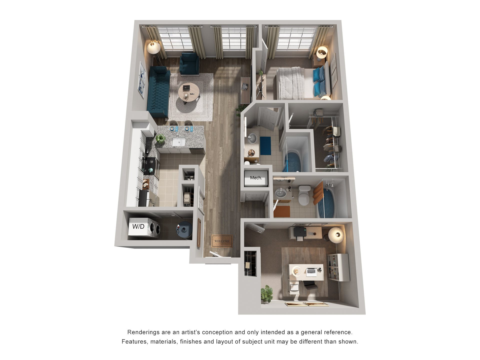1 Bed 2 Bath Floor Plan | 1,076 Sq. Ft. at Sterling Manor in Williamsburg, Virginia, 23185