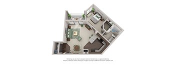 this is a 3d floor plan of a 823 square foot 1 bedroom apartment at Streets of Greenbrier, Chesapeake, VA