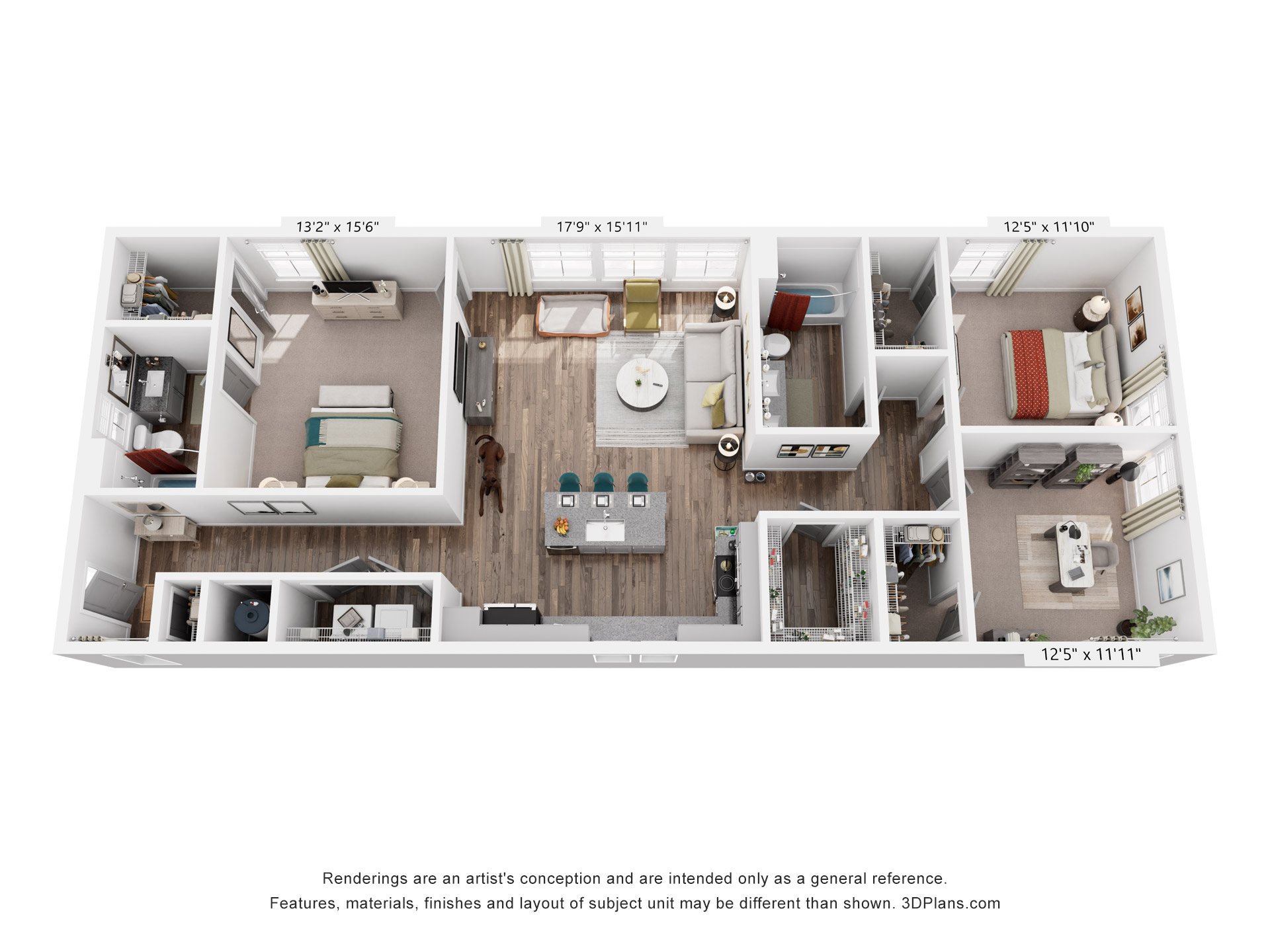 3 Bed 2 Bath Floor Plan | 1,440 Sq. Ft. at Livingston Flats Apartments, Virginia, 23832