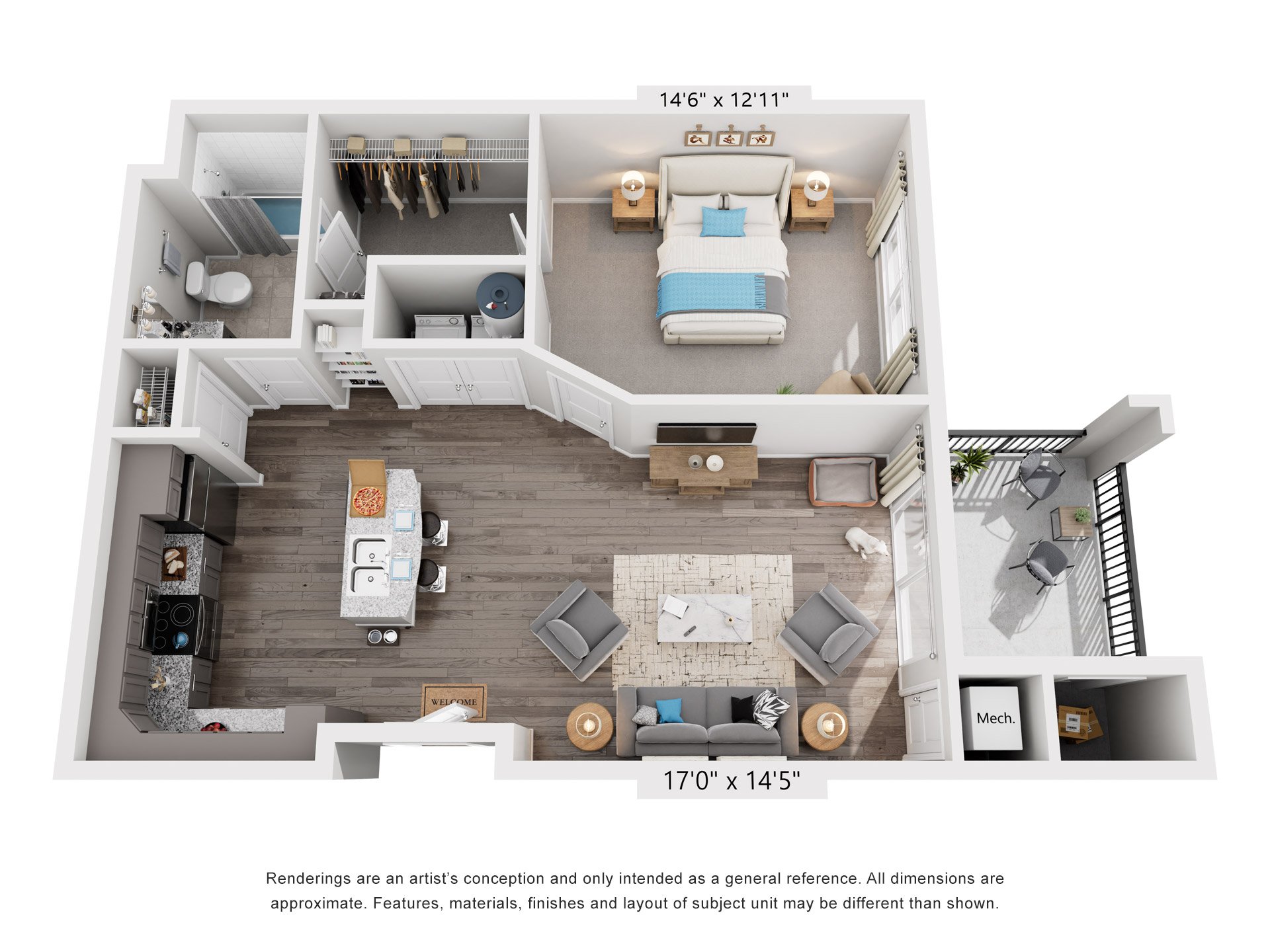 1 Bed 1 Bath Floor Plan | 701 Sq. Ft. at Streets of Greenbrier, Chesapeake, 23320
