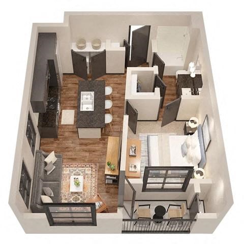 a 3d floor plan of a living room and a kitchen at 17 Broad, Chattanooga, 37408