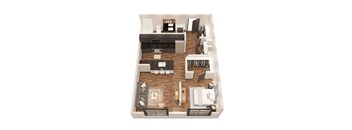 a 3d floor plan with a bedroom and a living room at 17 Broad, Chattanooga, TN