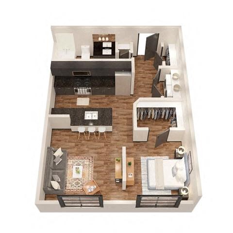 a 3d floor plan with a bedroom and a living room at 17 Broad, Chattanooga, TN
