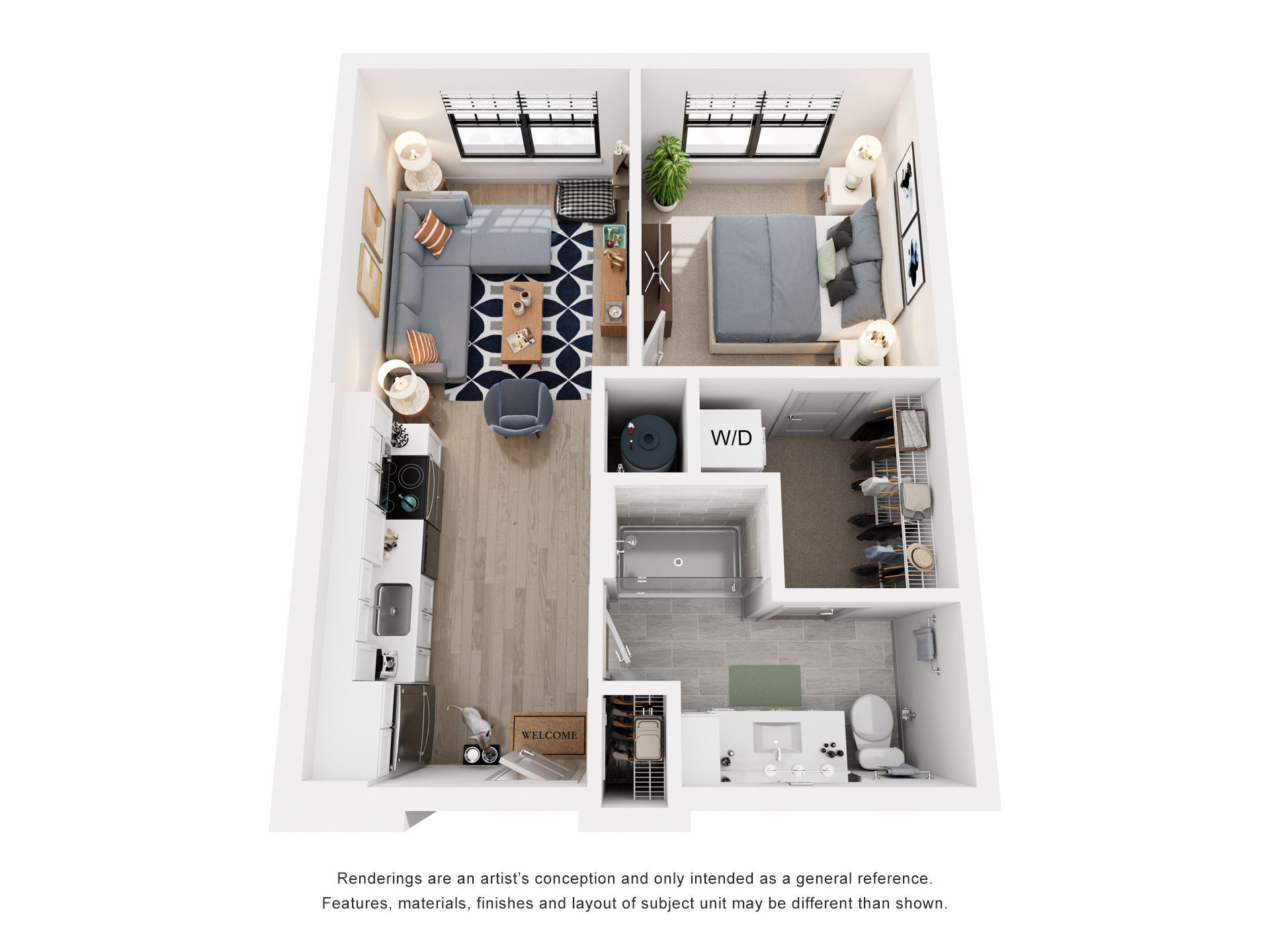 1 Bed 1 Bath Floor Plan | 601 Sq. Ft. at Tapestry West, Richmond, Virginia