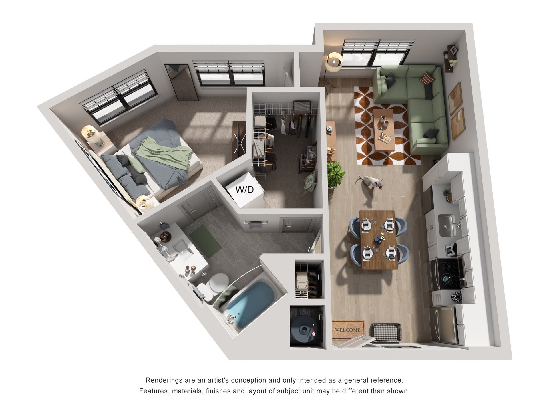 1 Bed 1 Bath Floor Plan | 670 Sq. Ft. at Tapestry West, Richmond, VA, 23230