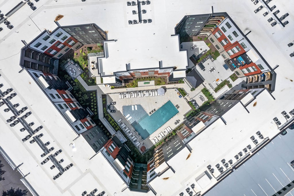 a view from above of a large building with a pool in the middle of it at Tapestry West, Richmond, 23230