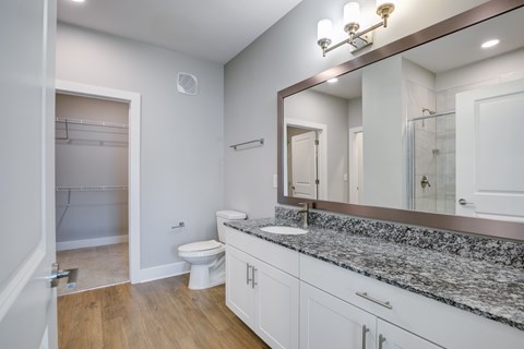 A bathroom with a toilet, sink, and mirror.
