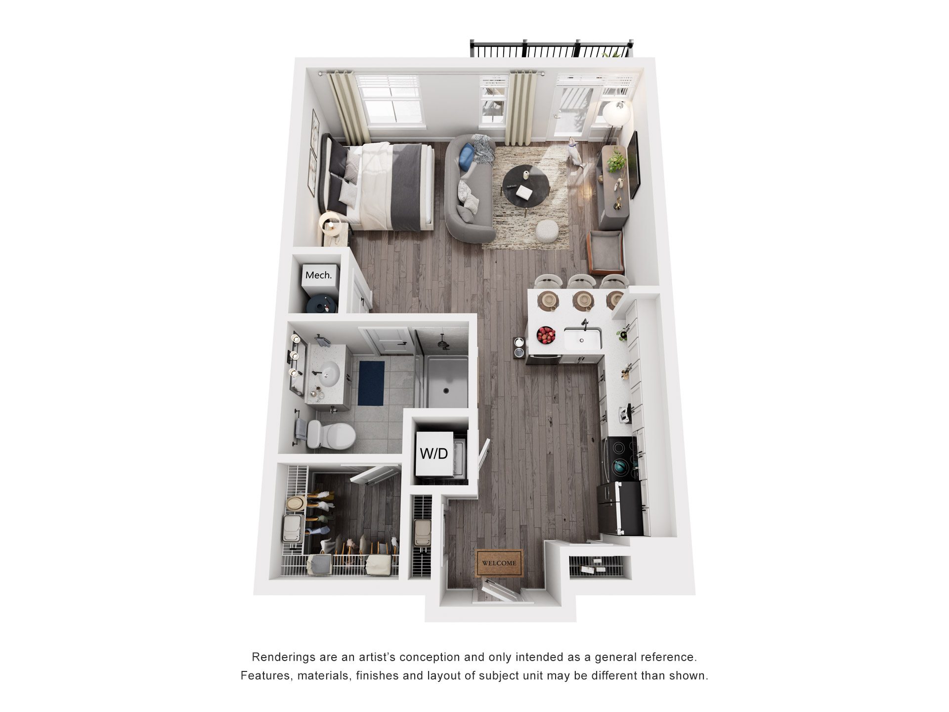 Studio 1 Bath Floor Plan | 670 Sq. Ft. at The Flats at Southlawn Apartments, Lawrenceville, Georgia