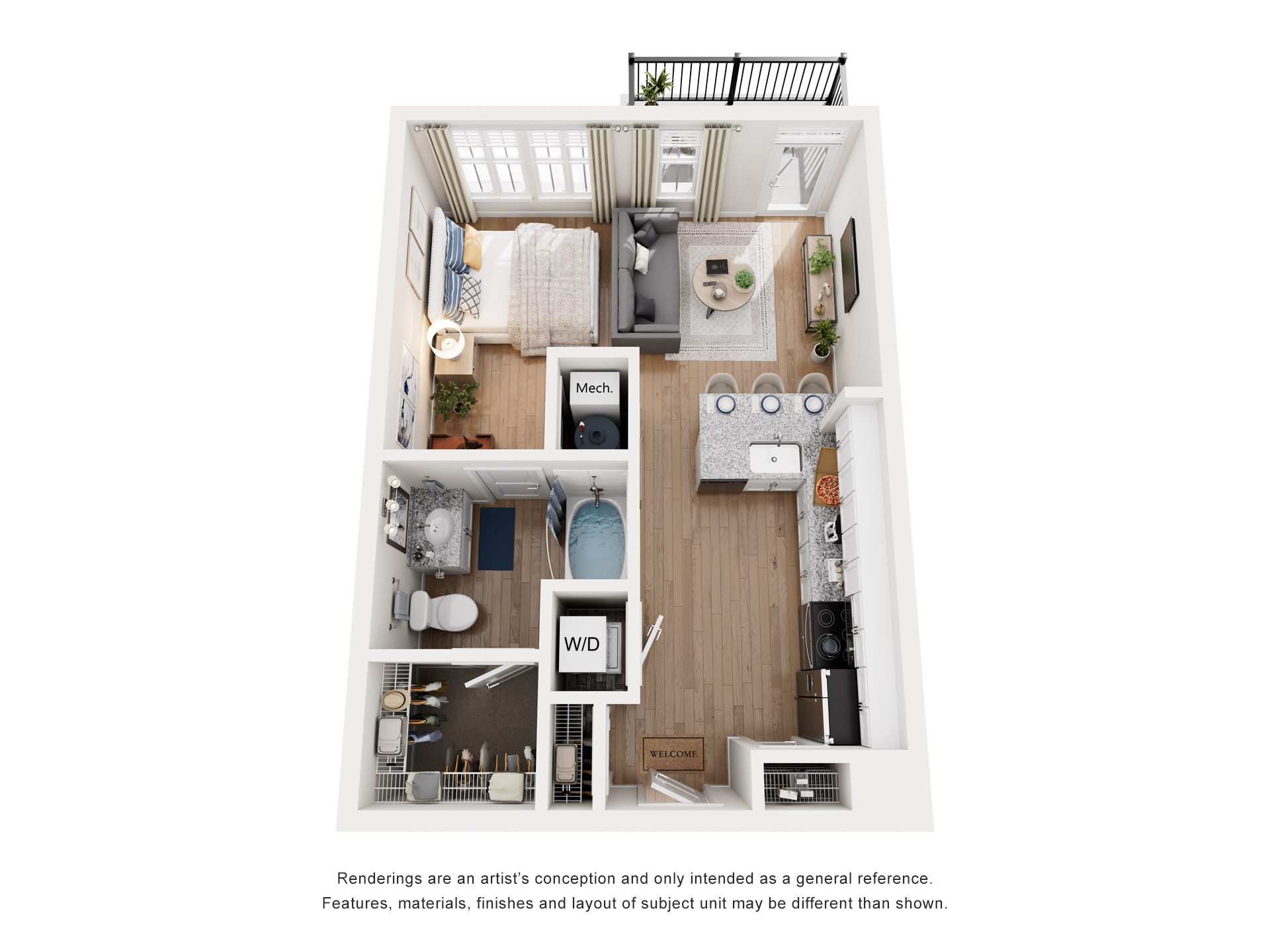 Studio 1 Bath Floor Plan | 622 Sq. Ft. at The Flats at Southlawn Apartments, Lawrenceville, 30046