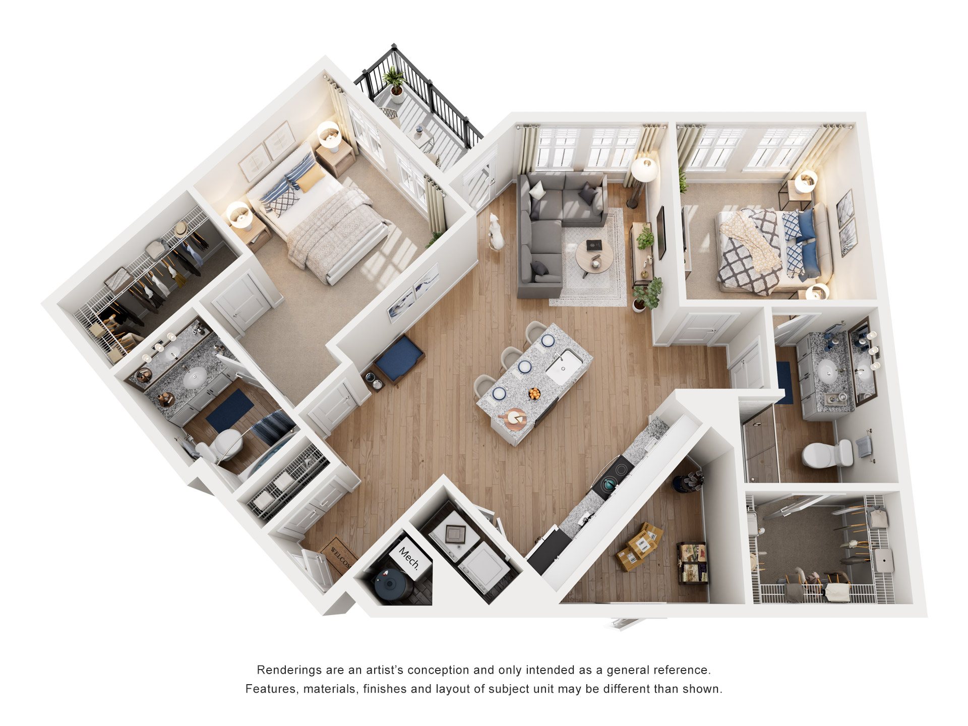 2 Bed 2 Bath Floor Plan | 1,268 Sq. Ft. at The Flats at Southlawn Apartments, Lawrenceville, GA30046