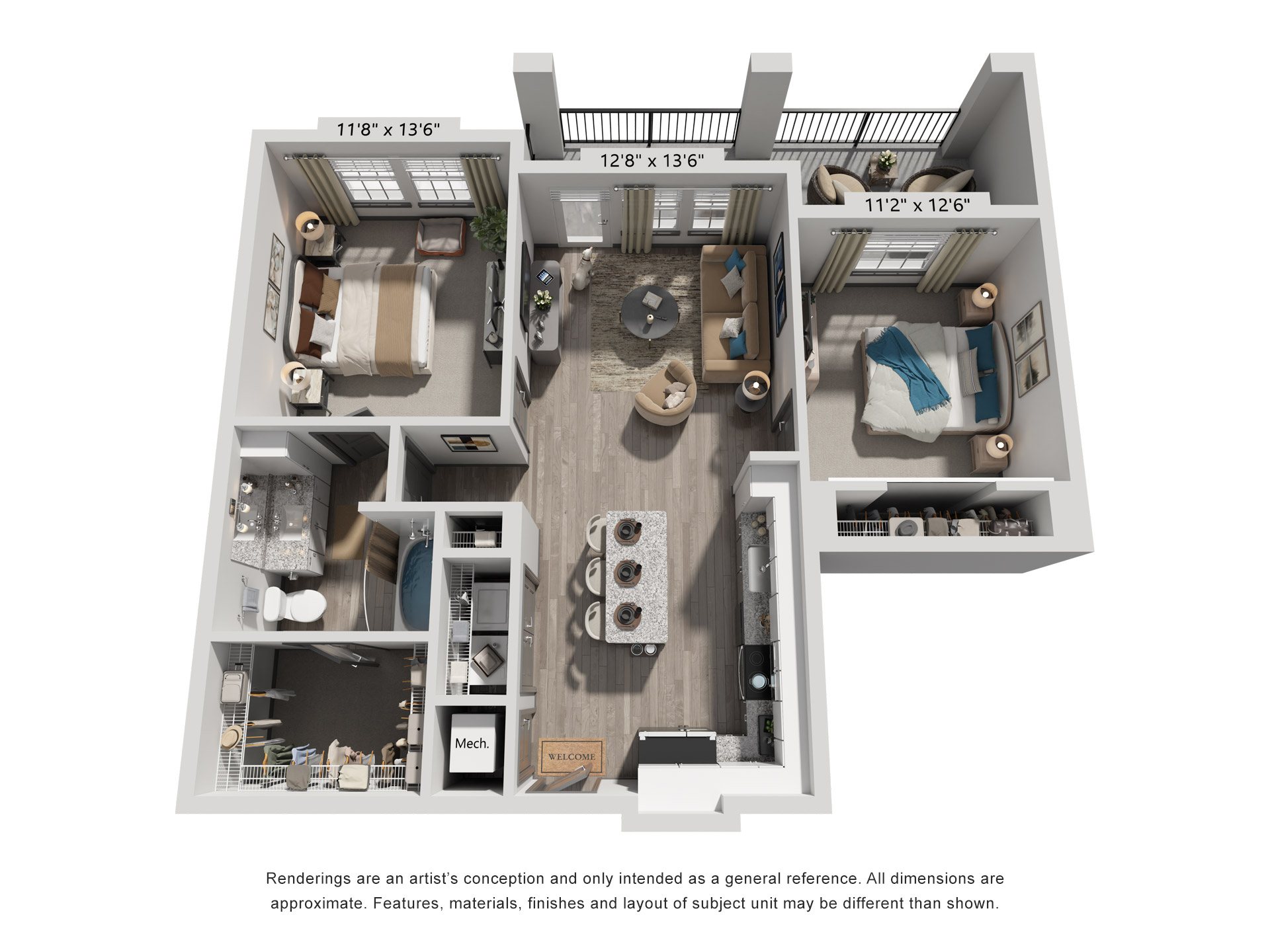 2 Bed 1 Bath Floor Plan | 935 Sq. Ft. at The Louis Apartment Flats, Louisville, 40241