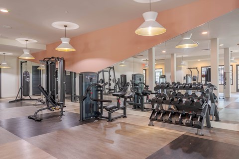 A gym with a variety of equipment including treadmills, weights, and exercise machines.