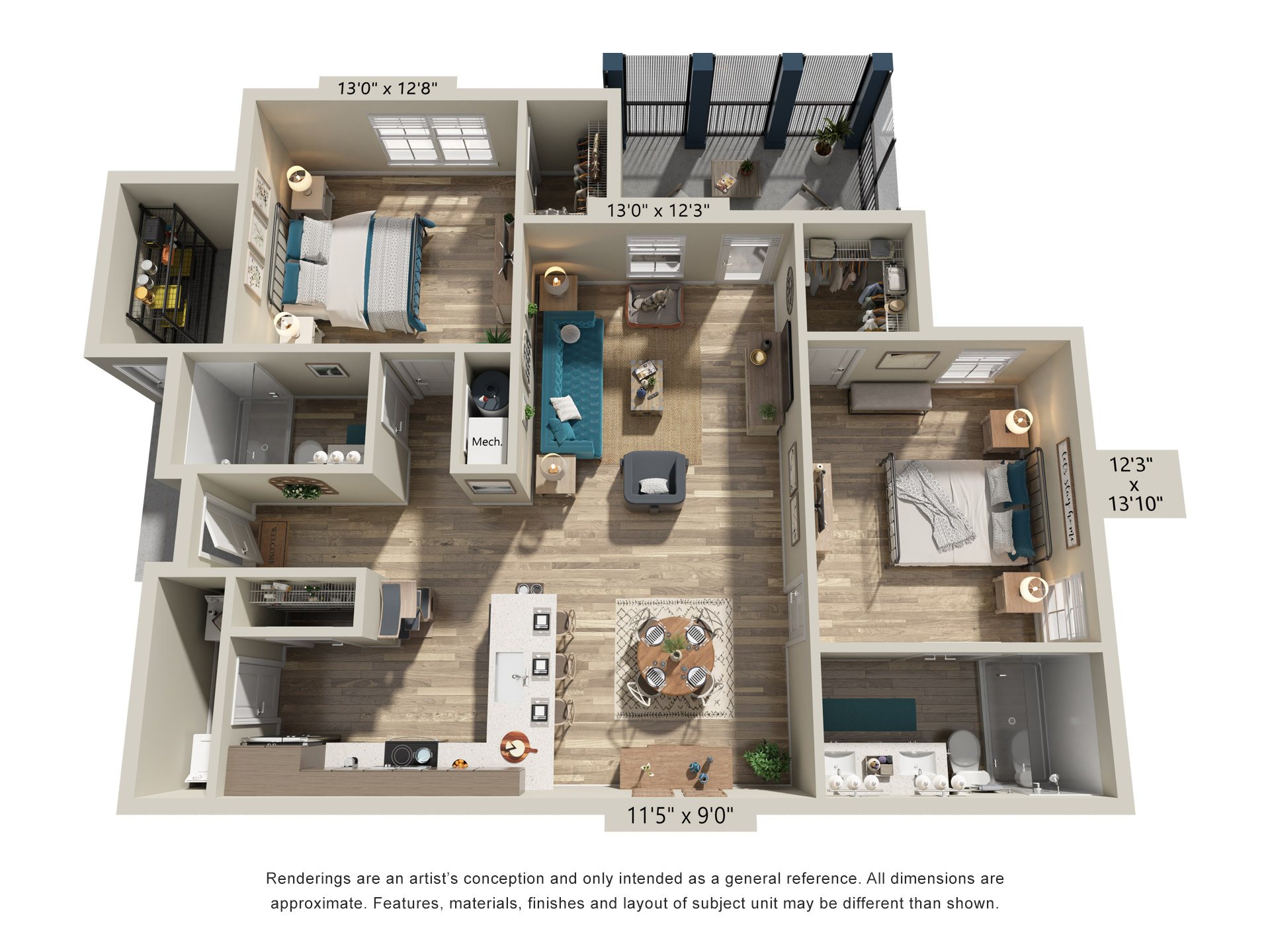2 Bed 2 Bath Floor Plan | 1,255 Sq. Ft. at Residences at 393 North Apartments, Santa Rosa Beach, 32459