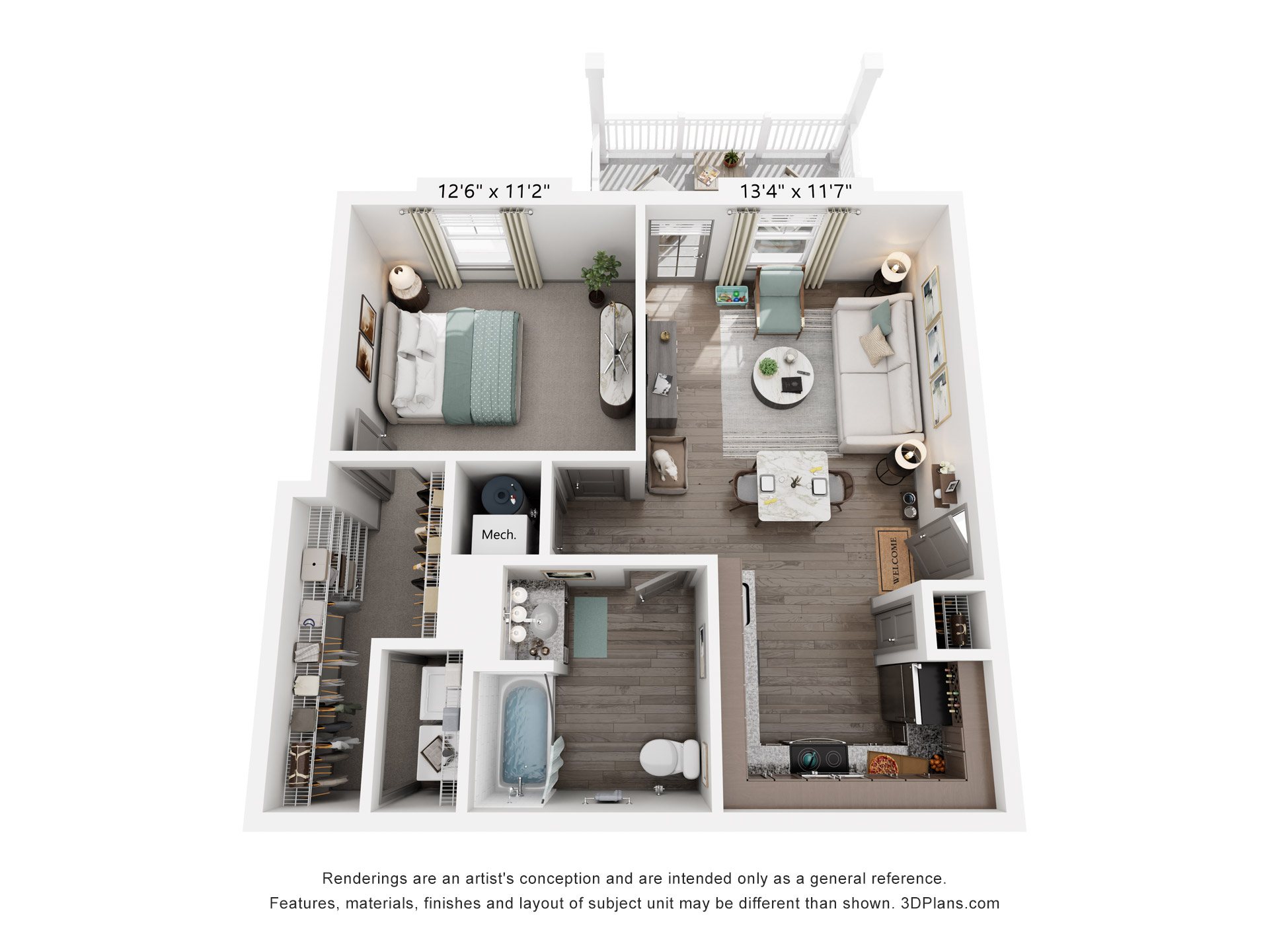1 Bed 1 Bath Floor Plan | 725 Sq. Ft. at Village at Westland Cove Apartments, Knoxville, TN