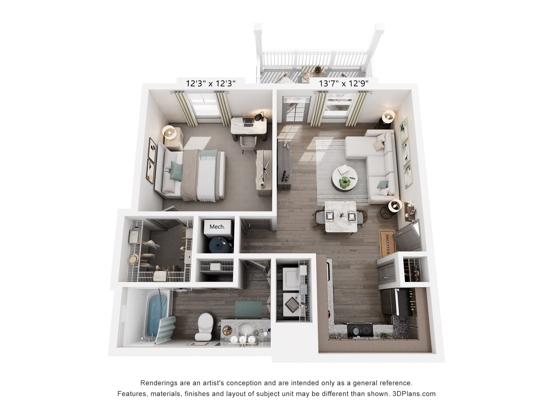 1 Bed 1 Bath Floor Plan | 717 Sq. Ft. at Village at Westland Cove Apartments, Knoxville, 37922