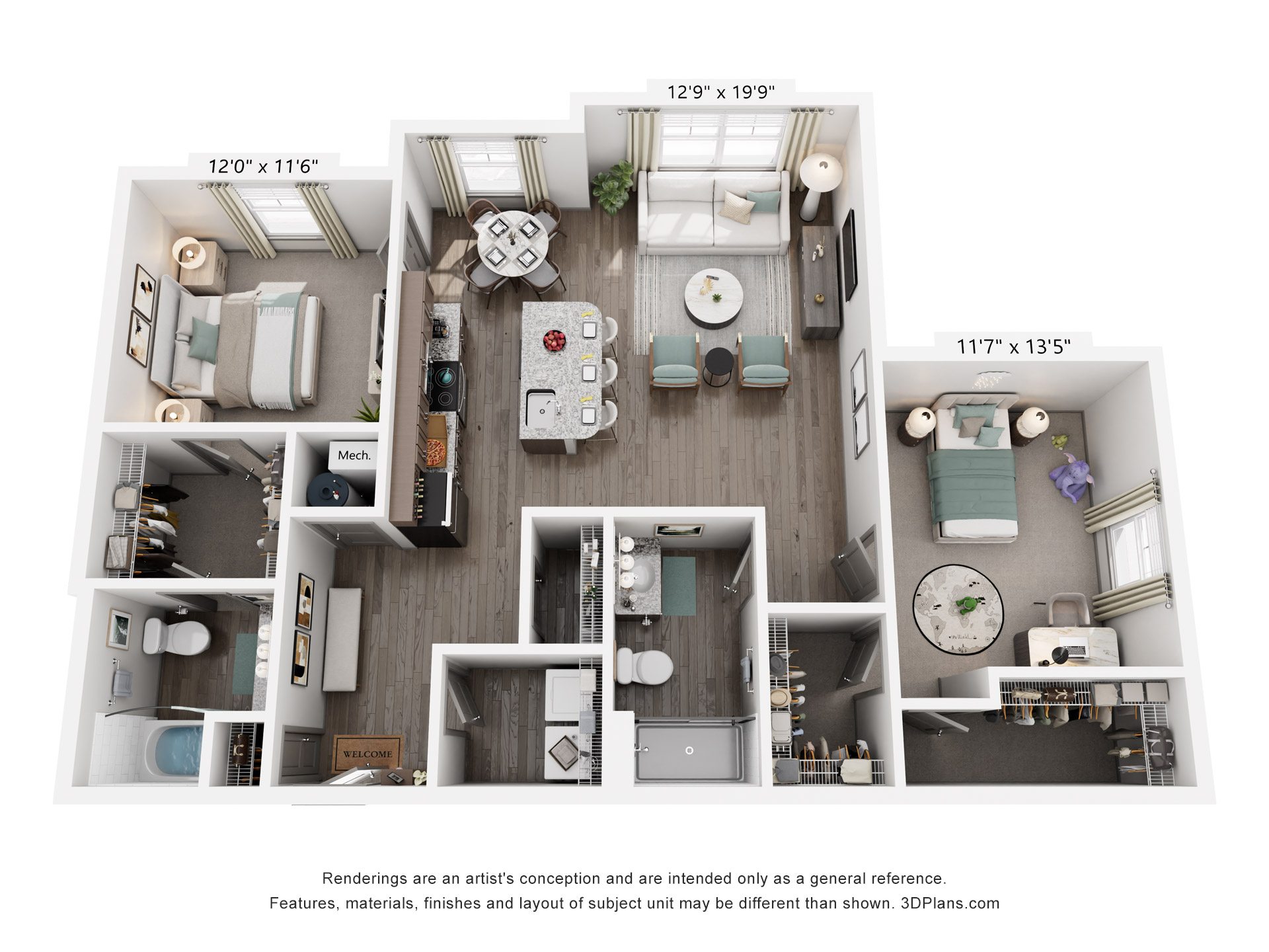 2 Bed 2 Bath Floor Plan | 1,270 Sq. Ft. at Westland Cove Apartments, Knoxville, Tennessee