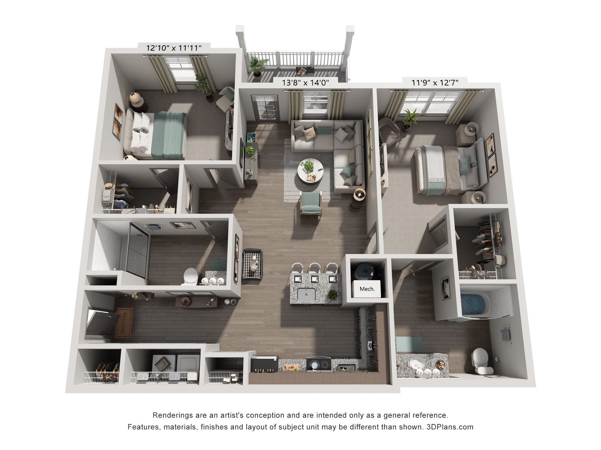 2 Bed 2 Bath Floor Plan | 1,248 Sq. Ft. at Westland Cove Apartments, Tennessee, 37922