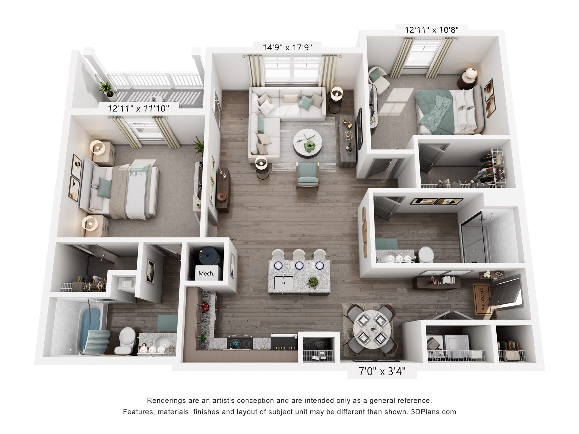 2 Bed 2 Bath Floor Plan | 1,232 Sq. Ft. at Village at Westland Cove Apartments, Knoxville, Tennessee, 37922