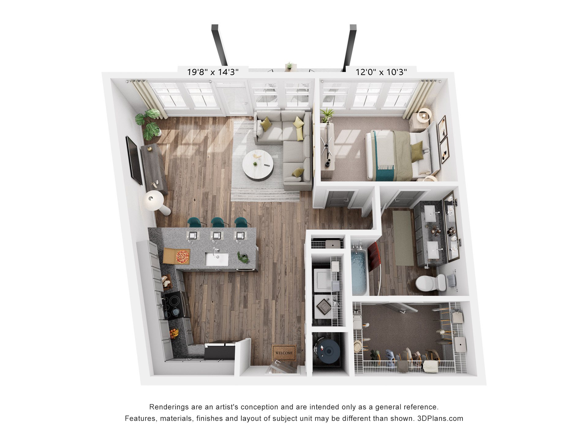 1 Bed 1 Bath Floor Plan | 786 Sq. Ft. at Livingston Flats Apartments, Chesterfield, Virginia