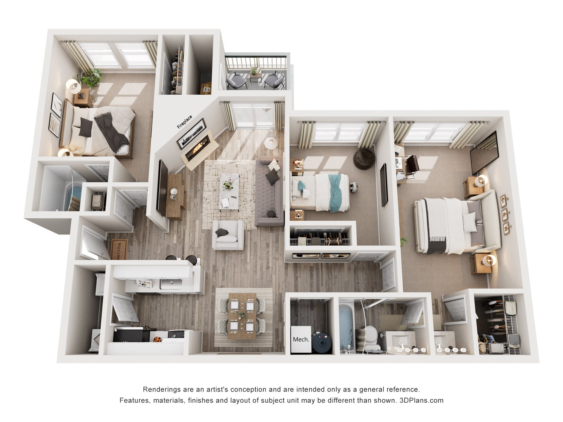 3 Bed 2 Bath Floor Plan | 1,100 Sq. Ft. at Hunters Chase Apartments, Virginia 23112