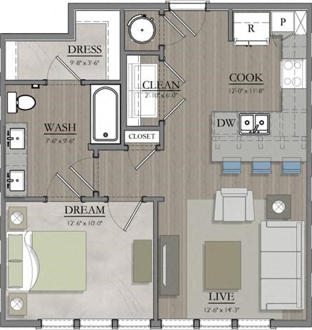 1 bed 1 bath floor plan at Livingston Flats Apartments, Chesterfield