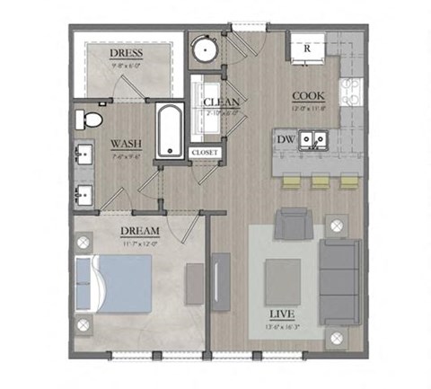 1 bed 1 bath floor plan A at  Livingston Flats Apartments, Virginia