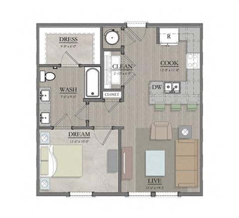 1 bed 1 bath floor plan B at Livingston Flats Apartments, Virginia,23832