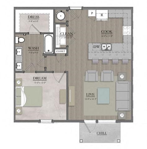 1 bed 1 bath floor plan D at Livingston Flats Apartments, Chesterfield, VA