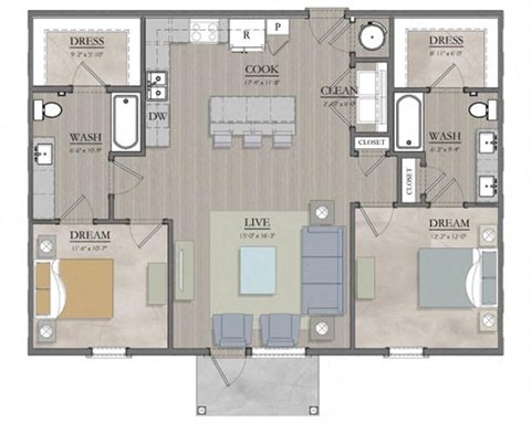 2 bed 2 bath floor  plan A at Livingston Flats Apartments, Chesterfield, Virginia