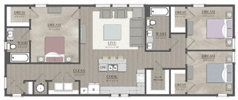 3 bed 2 bath floor plan A at Livingston Flats Apartments, Chesterfield, VA