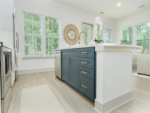 a white and blue kitchen with a sink and a window