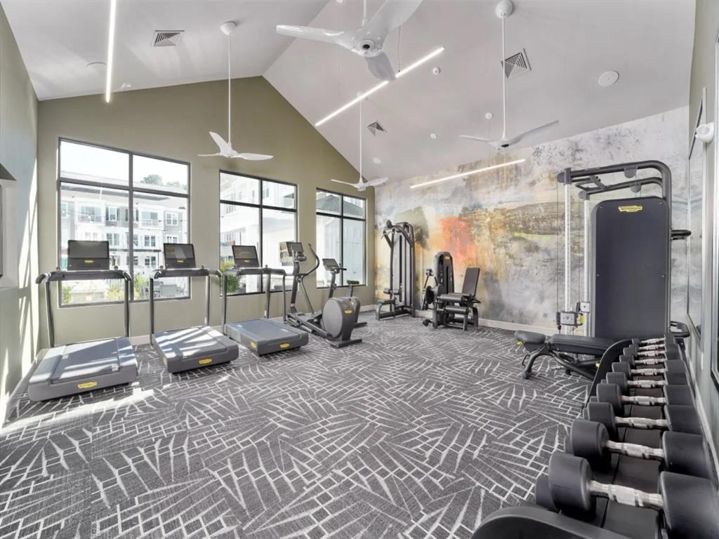 a fitness room with treadmills and other exercise equipment at Artistry at Winterfield Apartments, Midlothian, VA, 23112